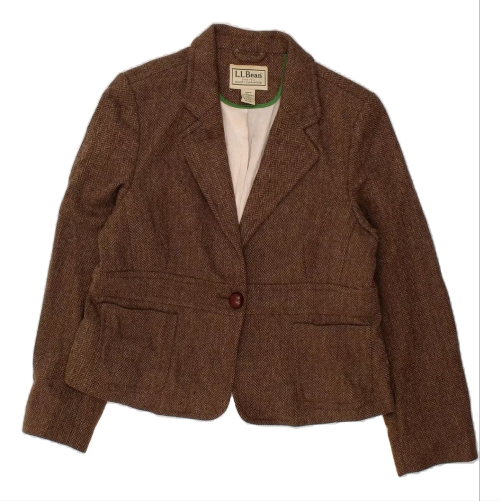 Vintage Womens LL Bean Wool Blazer,Brown Herringbone,Wood Buttons,Size 18 Petite